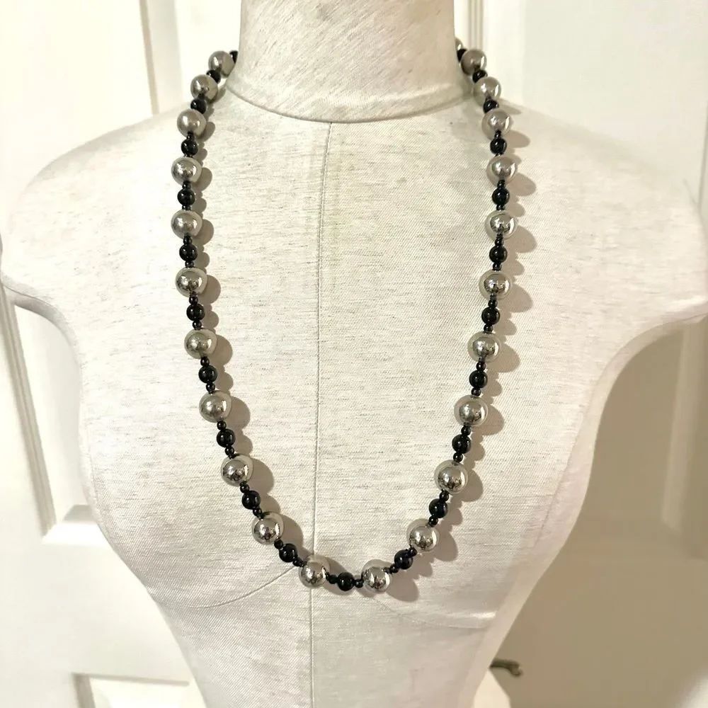 Silver tone black beaded long necklace